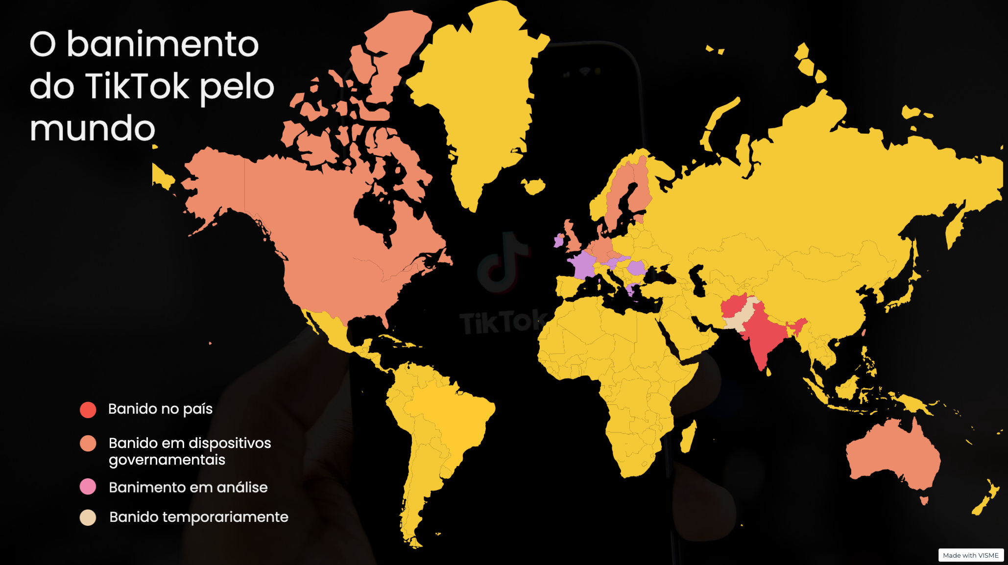 Mapa mundial com países que já baniram o tiktok
