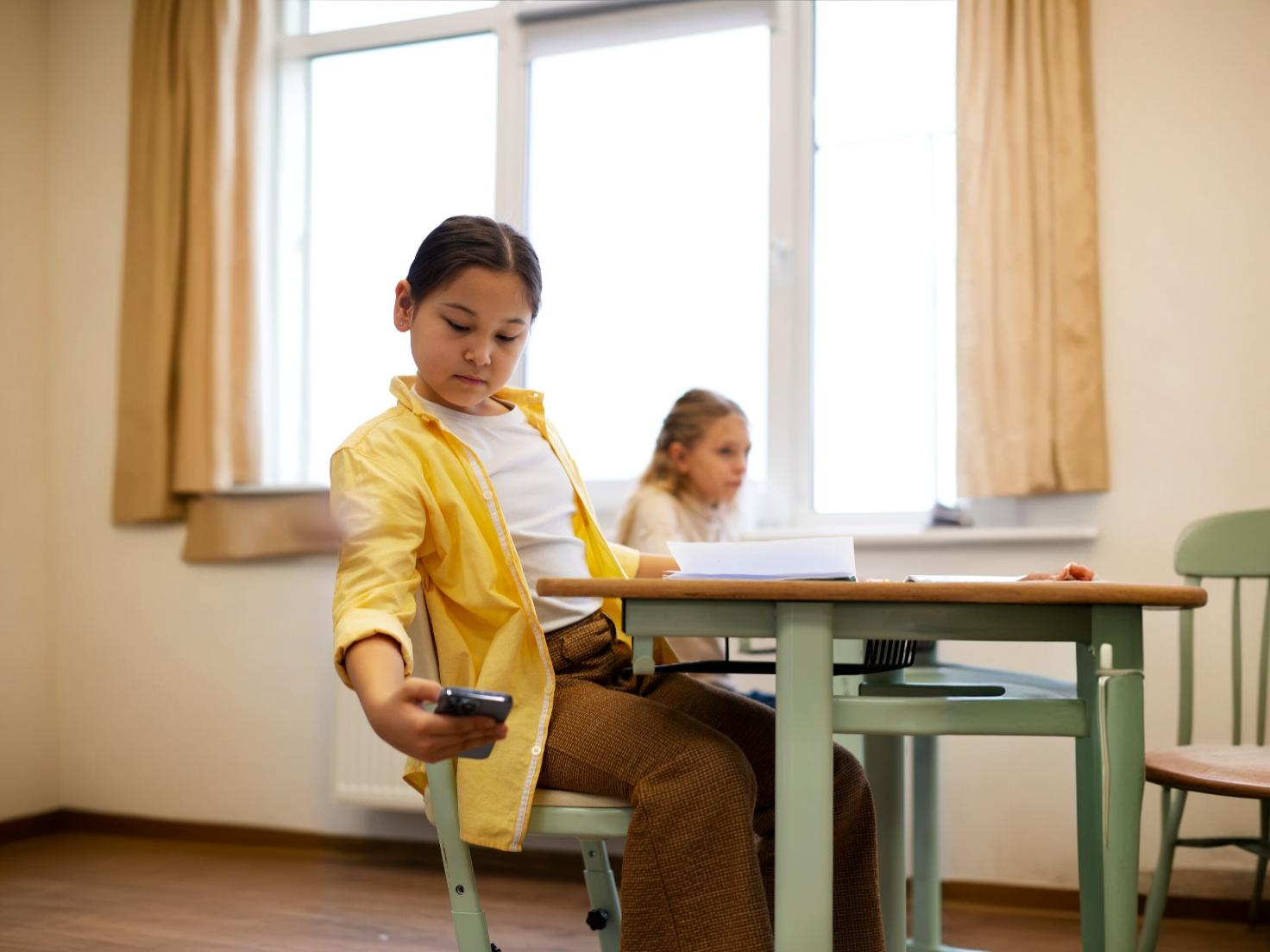 Criança usa celular em escola